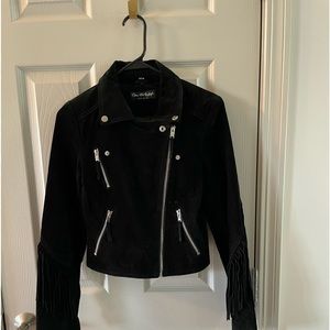 Black real leather moto fringe suede jacket.